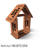 Movie tickets in the shape of a generic house as an admit one pass as an entertainment symbol of family movies and a theatre or cinema icon on a white background. Стоковое фото, агентство Ingram Publishing / Фотобанк Лори
