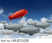Standing out from the crowd with a group of grey blimps going in a straight direction and a leading red blimp going up as a special visionary individual with a success strategy on a sky. Стоковое фото, агентство Ingram Publishing / Фотобанк Лори
