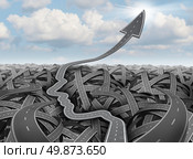 Planning and success strategy as tangled confused three dimensional group of roads and highways and a clear path in the shape of a human head as a detour past the confusion going up into an arrow aiming at the sky. Стоковое фото, агентство Ingram Publishing / Фотобанк Лори