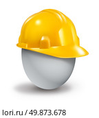 Health insurance protection symbol and managing risk and physical care concept with a yellow plastic hard hat protecting a fragile white egg from injury and accidents. Стоковое фото, агентство Ingram Publishing / Фотобанк Лори