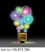 Creative Explosion as a fireworks display celebration represented by exploding sparks of color in the shape of a light bulb on black as a concept of innovation and creative power. Стоковое фото, агентство Ingram Publishing / Фотобанк Лори