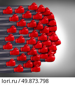 Organized Business Group strenght in numbers financial concept with an organised formation of businessman arms with red boxing gloves in the shape of a human head as insurance from danger. Стоковое фото, агентство Ingram Publishing / Фотобанк Лори