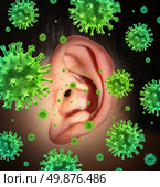 Ear infection and hearing ache caused by a contagious disease transmitting a virus infection in the inner and outer human anatomy spreading infectious germs and bacteria with painful fever symptoms. Стоковое фото, агентство Ingram Publishing / Фотобанк Лори