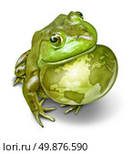Global conservation and environmental protection symbol as a green frog and an inflated throat with the world map as a birth mark on the amphibian skin as a concept of protecting habitats. Стоковое фото, агентство Ingram Publishing / Фотобанк Лори