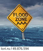 Flood warning concept with a yellow traffic sign flooded with water on a dangerous dark stormy cloud sky as a symbol of insurance risk and weather hazards as a natural disaster. Стоковое фото, агентство Ingram Publishing / Фотобанк Лори