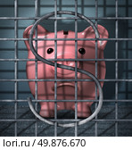 Financial crime and securities fraud business concept with a piggy bank character in a prison jail cell with a dollar sign symbol in the metal cage bars as an icon of justice for criminal finance activity. Стоковое фото, агентство Ingram Publishing / Фотобанк Лори