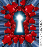 Competition key as a concept for a fight for the cure with an organized group of red boxing gloves fighting together to find a cure or solution shaped as a glowing lock hole. Стоковое фото, агентство Ingram Publishing / Фотобанк Лори