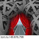Strategic opportunity cutting through the confusion with clear strategy and solutions for business leadership with a straight path to success with open red curtains leading through a maze of tangled roads and highways. Стоковое фото, агентство Ingram Publishing / Фотобанк Лори