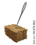 Needle in a haystack business or lifestyle concept with a giant sewing metal in a bale of hay as an icon of business guidance and easily finding what you are looking isolated on a white background. Стоковое фото, агентство Ingram Publishing / Фотобанк Лори