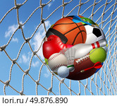 Sports activity  success concept and fitness activities through the playing of  a team or individual sport with aball made from a group of game balls and equipment as basketball football soccer bowling scoring in a net. Стоковое фото, агентство Ingram Publishing / Фотобанк Лори