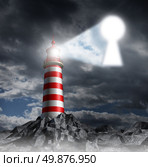 Guidance key business concept with a lighthouse beacon tower shinning a guiding light shaped as a key hole on a stormy dark background sky as a symbol of hope and finding solutions. Стоковое фото, агентство Ingram Publishing / Фотобанк Лори