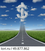 Fortune road business concept and financial freedom symbol with a straight road or highway going up to a group of clouds shaped as a dollar sign as an icon of making money for prosperity. Стоковое фото, агентство Ingram Publishing / Фотобанк Лори
