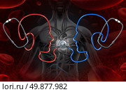 Second Medical opinion as a health care concept with a group of stethoscopes in the shape of a doctor head coming together to diagnose a human heart as an icon of consulting and confirming a physical illness or condition. Стоковое фото, агентство Ingram Publishing / Фотобанк Лори