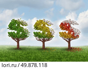 Investment loss and financial stress business concept with three trees shaped as a dollar or money symbol gradually losing leaves in an autumn theme from green to red as an idea for aging savings crisis needing a new strategy. Стоковое фото, агентство Ingram Publishing / Фотобанк Лори