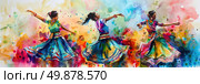 A painting depicting a lively group of women joyfully dancing together. Стоковое AI-изображение, AI-художник Данила Большаков / Фотобанк Лори