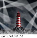 Confused strategy and lost guidance with multiple direction options as a concept of confusion in business  life and financial planning challenges as a group of tangled light beams in many directions confusing a single dark and dim light house. Стоковое фото, агентство Ingram Publishing / Фотобанк Лори