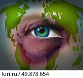 Global domestic violence and abusing mother earth concept with a violent bruised black eye on a human face with a world map as a symbol of injury to the environment and international law for the protection of women and human rights. Стоковое фото, агентство Ingram Publishing / Фотобанк Лори