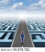 Clear vision leadership solutions and success concept as a businessman thinking outside the box and building a road bridge over a complicated maze cutting through the confusion and succeeding in business and life. Стоковое фото, агентство Ingram Publishing / Фотобанк Лори