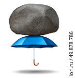 Strong protection business concept with a strong blue umbrella supporting and shielding a giant rock or boulder from falling down as an inegrity  symbol of security trust and strength on a white background. Стоковое фото, агентство Ingram Publishing / Фотобанк Лори