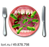 Food poisoning illness health concept with a dinner plate shaped as an open human mouth with dangerouse bacteria as a risk of getting sick from rancid contaminated ingredients resulting in severe health problems. Стоковое фото, агентство Ingram Publishing / Фотобанк Лори