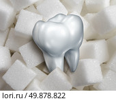 Sweet tooth dental health care concept with a single molar in a pile of sugar cubes as a health and diet symbol for craving sweetened foods that are bad for your health and diabetes risk.diabetes risk. Стоковое фото, агентство Ingram Publishing / Фотобанк Лори