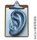 Customer Survey business concept as an office clipboard with a note paper in the shape of a human ear as a metaphor for listening to the clients opinion and satisfaction feedback found in reviews and service ratings isolated on white. Стоковое фото, агентство Ingram Publishing / Фотобанк Лори