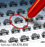 Car shopping concept and auto insurance search symbol with a red pencil crayon highlighting a drawing from a group of cars as an icon of finding the perfect vehicle at a used or new dealership with internet searching. Стоковое фото, агентство Ingram Publishing / Фотобанк Лори