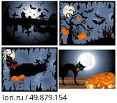 Set of Halloween Greeting Cards. Elegant Design With Pumpkin, Moon, Tree, Grave, Castle, and Cats Over Grunge Dark Sky Background. Vector illustration. Стоковая иллюстрация, агентство Ingram Publishing / Фотобанк Лори
