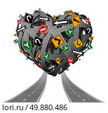 Relationship advice guidance and love counseling concept with a group of tangled roads shaped as a heart with confusing traffic signs as a metaphor for problems in intimate relations and romantic struggle on white. Стоковое фото, агентство Ingram Publishing / Фотобанк Лори