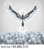 Successful ideas as a business metaphor for creative innovation taking off as a group of organized light bulbs shaped as open bird wings rising up out of a mountain using the bulb icon as a symbol of the power of imagination and intelligence. Стоковое фото, агентство Ingram Publishing / Фотобанк Лори