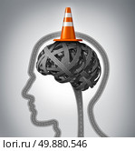 Human brain repair as neurology therapy and memory damage medical concept with an orange traffic cone as a safety hat metaphor on a group of tangled roads in the shape of a human head. Стоковое фото, агентство Ingram Publishing / Фотобанк Лори