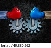 Strategic alliance and corporate partnership or business teamwork concept with two rival businessmen with boxing gloves merging together to form a competition cooperation moving gears and cogs for financial success. Стоковое фото, агентство Ingram Publishing / Фотобанк Лори