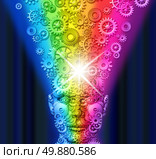 Creative innovation and inspiration spark with a front view human head made of technology gears and cogs with a mind that is exploding rainbow color gear wheels as a business metaphore for marketing and communication. Стоковое фото, агентство Ingram Publishing / Фотобанк Лори
