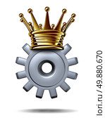 Industry king and leadership solutions business concept as a gear or cog wearing a gold crown as an icon of an accomplished leader of technology innovation and champion of efficient production on a white background. Стоковое фото, агентство Ingram Publishing / Фотобанк Лори