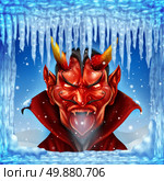 When hell freezes over concept with a cold red devil character in an icy winter environment  with snow and icicles on a blue sky background as a metaphor for unlikely events and not a chance. Стоковое фото, агентство Ingram Publishing / Фотобанк Лори