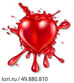 Heart splatter concept with a red three dimensional love and romance icon splattered on a wall with red liquid exploding and spraying out as a metaphor for romantic passion or extreme emotional  feelings. Стоковое фото, агентство Ingram Publishing / Фотобанк Лори
