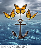Lifting the burden business concept as a group of three monarch butterflies raising a heavy nautical anchor from a stormy ocean scene as a metaphor for liberation and unstopable freedom by working together as a team. Стоковое фото, агентство Ingram Publishing / Фотобанк Лори