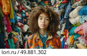 A woman is standing in front of a large pile of clothes in a room, looking at the assortment of garments. Стоковое AI-изображение, AI-художник Данила Большаков / Фотобанк Лори