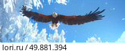 A significant bird soars through a vibrant blue sky, showcasing its impressive wingspan in flight. Стоковое AI-изображение, AI-художник Данила Большаков / Фотобанк Лори