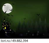 Halloween Greeting (Invitation)  Card. Elegant Design With Castle in Fir Forest, Flying Bats, Moon and Cemetery With Ghosts  Over Grunge Dark Green Starry Sky Background. Vector illustration. Стоковая иллюстрация, агентство Ingram Publishing / Фотобанк Лори