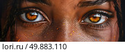 Close-up view of a womans face showing vivid yellow eyes, highlighting the unique eye color of the subject. Стоковое AI-изображение, AI-художник Данила Большаков / Фотобанк Лори