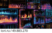 A wall covered with various graphs and charts, showcasing data analysis and statistical information in a large display. Стоковое AI-изображение, AI-художник Данила Большаков / Фотобанк Лори