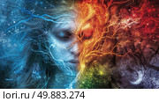 A vibrant artistic portrayal of the four seasons using a female face, with distinct color themes and elements representing winter, spring, summer, and autumn. Стоковое AI-изображение, AI-художник Данила Большаков / Фотобанк Лори