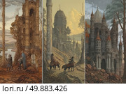 A fantasy triptych illustration in the style of medieval gothic and fairy-tale realism. Each of the three vertical fragments depicts majestic fantasy castles surrounded by trees, rocks and the mysterious atmosphere of the ancient world. The scenes feature characters in armor and cloaks - travelers, knights, explorers - walking towards the towers or watching them. The architecture is striking in its detail: high spires, carved columns, towers with domes and pointed roofs. The color scheme varies from warm ochre and amber shades to cold gray-blue and muted green. Ideal for book design, games, posters and visual storytelling. Стоковое AI-изображение, AI-художник Анна Кривицкая / Фотобанк Лори