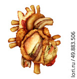 Dangerous heart diet and unhealthy food concept with human cardiovascular anatomy organ made from unhealthy and fried fast food as fries and burgers as a metaphor for dieting and nutrition problems. Стоковое фото, агентство Ingram Publishing / Фотобанк Лори