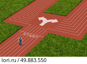 Businessman crossroads concept choosing the right path as a man on a track and field sport track facing a difficult choice and dilemma with  two different business directions as a metaphor for decision crisis. Стоковое фото, агентство Ingram Publishing / Фотобанк Лори