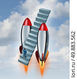 Career fast track and climbing the corporate ladder symbol as a businessman on a stairway flying up to the sky with the help of two rocket boosters as a metaphor accelerated growth and speeding up a business strategy. Стоковое фото, агентство Ingram Publishing / Фотобанк Лори
