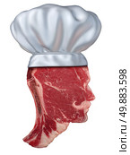 Barbecue chef food concept with a red meat steak shaped as a head wearing a cooking hat as a symbol of summer grilling at a back yard party or restaurant isolated on white. Стоковое фото, агентство Ingram Publishing / Фотобанк Лори