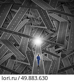 Crisis manager business concept as a businessman walkig through a maze and direction chaos with a mountain of tangled sharp turn roads as a financial metaphor for managing challenging organization situations with courage and expertise. Стоковое фото, агентство Ingram Publishing / Фотобанк Лори