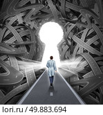 Medical research and development concept with a hospital doctor in a labcoat walking towards a group of tangled roads with a keyhole opening as a metaphor for success in medicine and health care. Стоковое фото, агентство Ingram Publishing / Фотобанк Лори